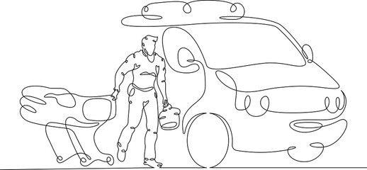 One continuous line.Doctor on urgent call. An orderly with a stretcher and medicines. Ambulance. Resuscitation doctor. Medicine and healthcare.One continuous drawing line logo isolated minimal illustr © derplan13