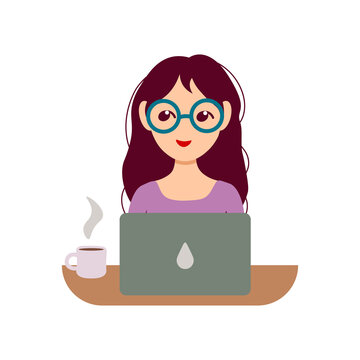 Girl working at home on laptop. Vector illustration in flat cartoon style