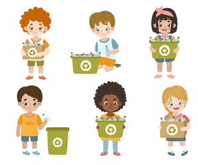 Set of eco friendly children sorting plastic waste for recycling. Collection of cute happy kids with container.