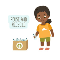 Cute african american girl sorting plastic waste for recycle. Friendly kid throw bottle to container.