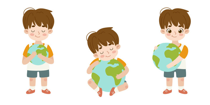 Set of poses boy hugging planet earth. Happy kid holding world globe in his hand, love and take care.