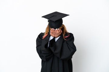 Young university graduate over isolated white background with tired and sick expression