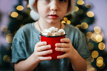 Little boy in Santa hat holding a cup of hot chocolate with marshmallow
