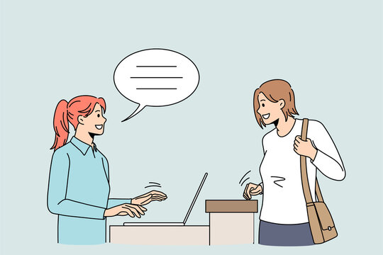 Smiling female client talk with caring receptionist in hotel ask advice or help. Happy woman customer speak with administrator working on computer sitting at desk. Good service. Vector illustration. 