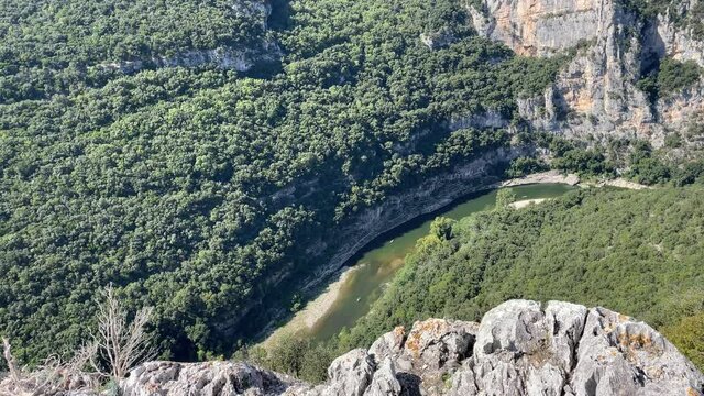 Aerial view of Gorges de, Ardèche kayak canoe, the beautiful valley side of green and rocks.