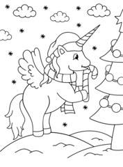 Merry Christmas unicorn coloring. Hand drawn vector illustration. Magical animal. Coloring book pages for adults and kids. Winter. Snow is falling. Unicorn decorates a Christmas tree.
