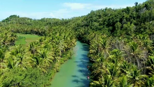 Maron river surrounded by lush vegetation, Pacitan, east Java in Indonesia. Aerial rising