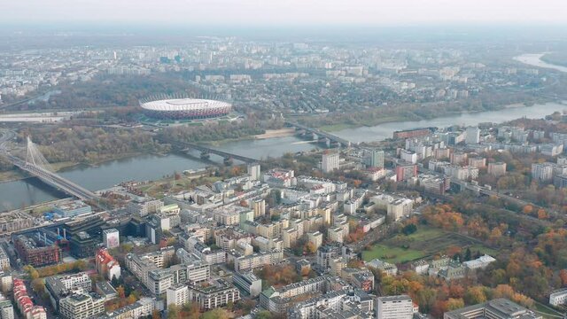 Aerial panorama Warsaw City Buildings Vistula River and Narodowy Stadium, Poland