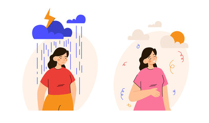 Woman in two different moods. Female character being happy and sad. PMS, hormonal disbalance, stress, mental disease concept. Modern flat vector illustration