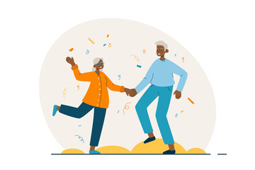 Happy black elderly couple dancing. Senior man and woman spending time together having fun. Active retirement lifestyle concept. Modern flat vector illustration