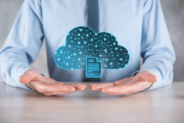 Cloud technology. Polygonal wireframe cloud storage sign with document icon on dark blue. Cloud...