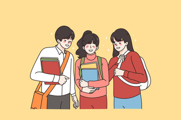 Learning friendship and school times concept. Group of smiling positive school kids boy and girls standing with books and backpacks feeling excited vector illustration 