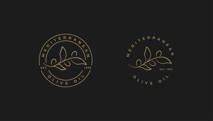 Mediterranean Olive Oil emblem, round line stamp design. Organic healthy vector logo template
