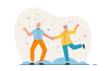 Happy elderly couple dancing. Senior man and woman spending time together having fun. Active retirement lifestyle concept. Modern flat vector illustration