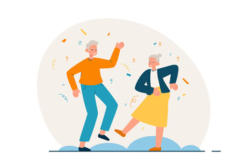 Happy elderly couple dancing. Senior man and woman spending time together having fun. Active retirement lifestyle concept. Modern flat vector illustration