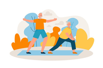Elderly couple doing yoga in park. Happy aged man and woman doing exercises outdoors. Active retirement, sport and healthy lifestyle concept. Modern flat vector illustration