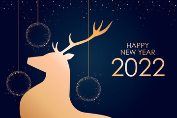 2022 new year. Gold silhouette of a deer. Christmas sparkling template for holiday banner, flyer, card, invitation, cover, poster.  Vector illustration.