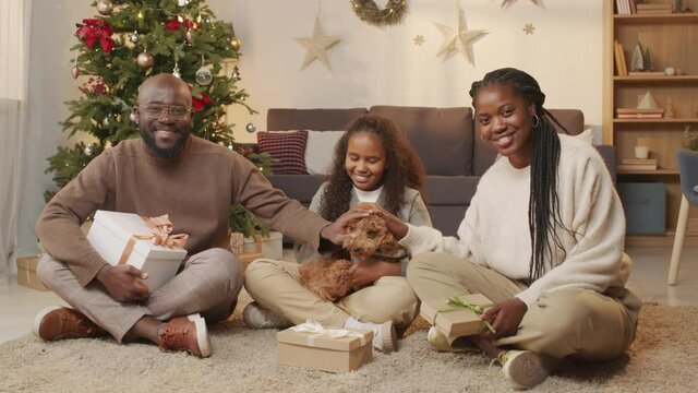 Handheld portrait of happy African-American father, mother and 10-year-old girl holding presents and petting adorable maltipoo dog while posing for camera in living room with Christmas tree - Powered by Adobe