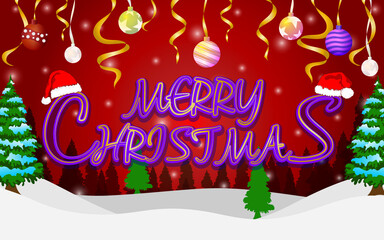 merry christmas everyone snow and trees background with letters and elements