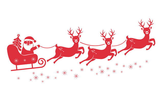 Santa rides a sleigh with his reindeer red silhouette. flat vector illustration isolated on white background.