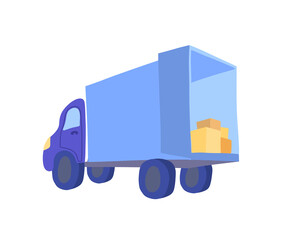 Delivery truck with box. Lorry with stack of goods cardboard on business delivery services. 