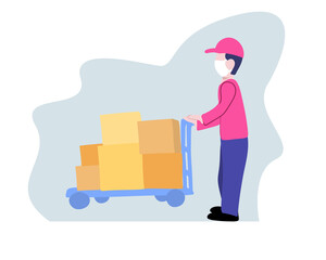 Male worker in a uniform pushing a hand truck loaded with boxes. Courier push cart or lorry with stack of goods cardboard on business delivery services.