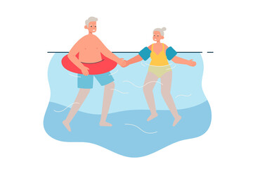 Elderly couple swimming in the pool or sea. Happy aged man and woman on vacation together. Active retirement, sport and healthy lifestyle concept. Modern flat vector illustration