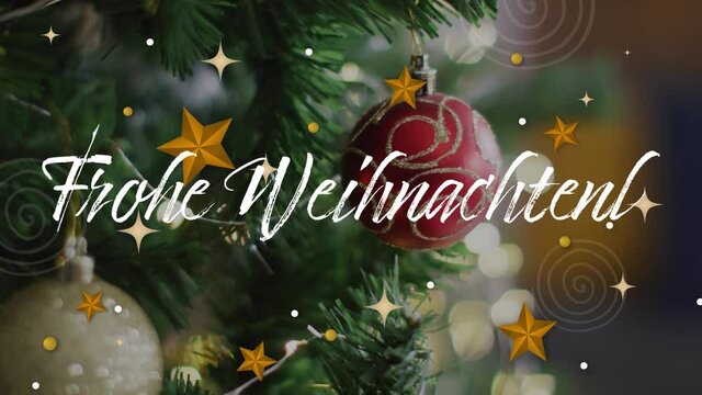 Animation of christmas seasons greetings in german over baubles decorations on christmas tree