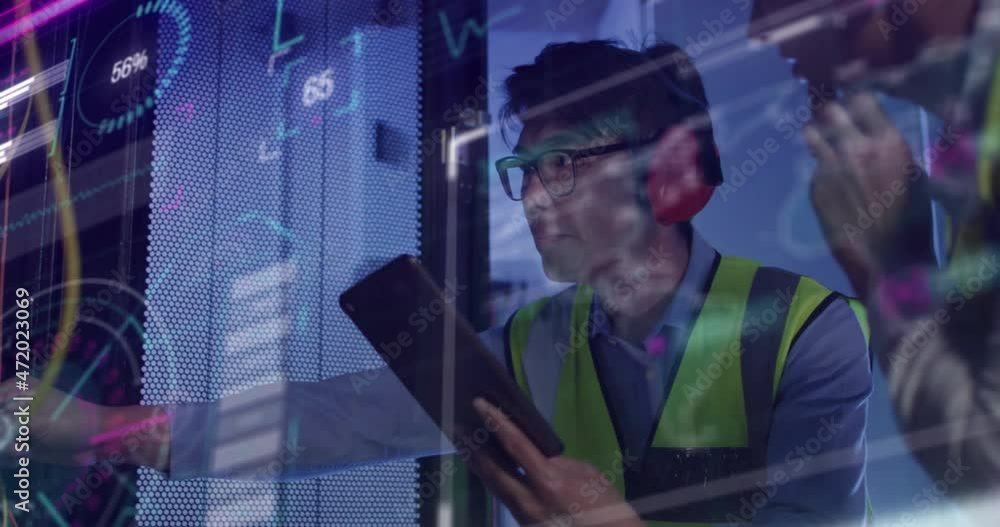 Aufkleber animation of data processing, diverse male and female it engineers with tablet by computer servers