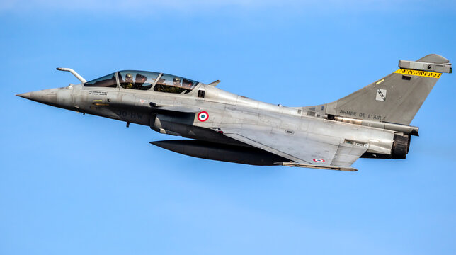 French Air Force Dassault Rafale fighter jet in flight.