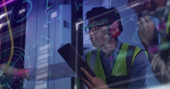 Animation of data processing, diverse male and female it engineers with tablet by computer servers