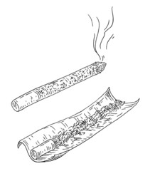 Smoldering handmade cigarettes with smoke. Vintage engraving illustration