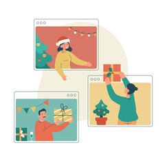 Fototapeta premium Happy friends giving presents online. Meeting together by video call during isolation. Remote holiday greetings concept. Modern flat vector illustration