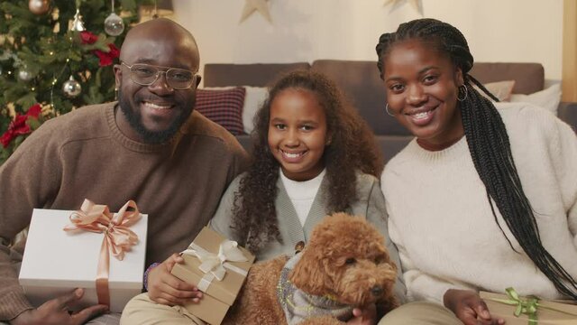 Slowmo portrait of happy African-American father, mother and 10-year-old daughter holding presents and cute maltipoo dog and smiling for camera in living room with Christmas tree