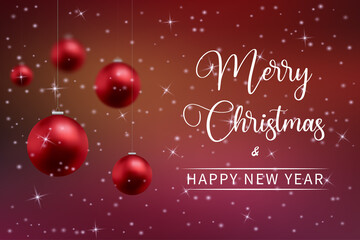 Fototapeta na wymiar Merry Christmas and Happy New Year 2022 inscription with red Christmas decoration, snowflakes and stars. Christmas background. Vector illustration.