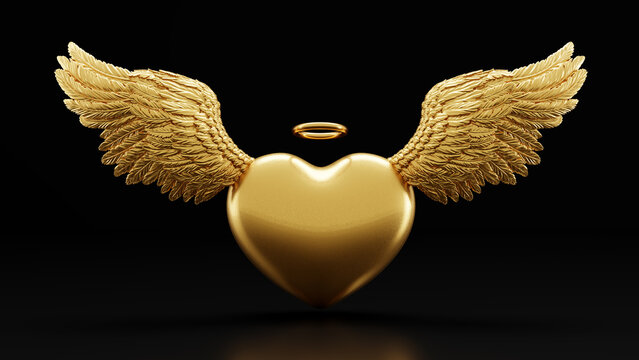 Heart with angel wings and gold ring love symbol