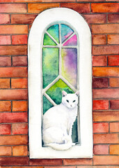 Watercolor illustration of a red brick wall with a lancet stained glass window and a white cat sitting on the windowsill - obrazy, fototapety, plakaty
