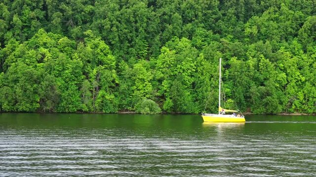 boat sails along the shore jb trees