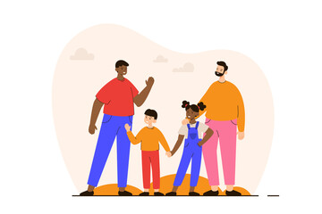 Happy gay couple standing together with their children. Homosexual family with kids. LGBTQ family concept. Modern flat vector illustration