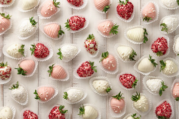 Obraz na płótnie Canvas Chocolate dipped strawberries pattern on white planks