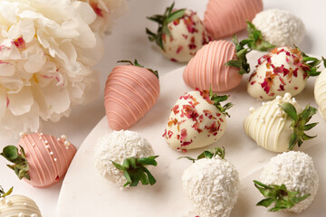 White and pink chocolate dipped strawberries on white table
