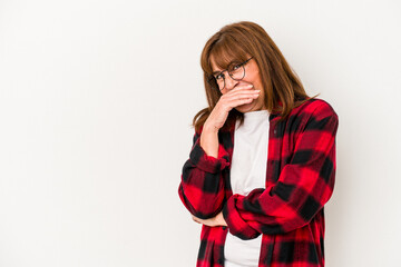 Middle age caucasian woman isolated on white background laughing happy, carefree, natural emotion.