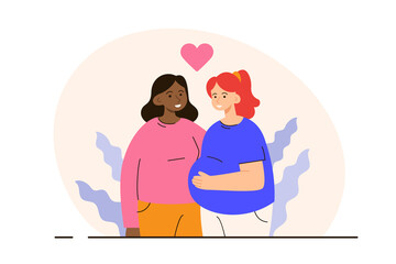 Happy lesbian couple expecting a baby. Future mothers standing together. Pregnancy, LGBTQ family and parenthood concept. Modern flat vector illustration