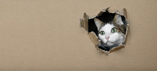 Cute tabby cat looking funny  out of a hole in a cardboard box. Panoramic image with copy space.	