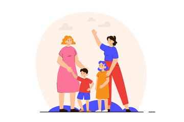 Happy lesbian couple standing together with their children. Homosexual family with kids. LGBTQ family concept. Modern flat vector illustration