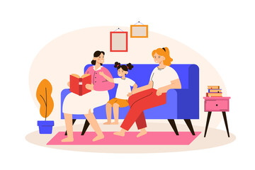 Happy lesbian family reading book with their child sitting on the sofa. Homosexual parents spending time with daughter. LGBTQ concept. Modern flat vector illustration