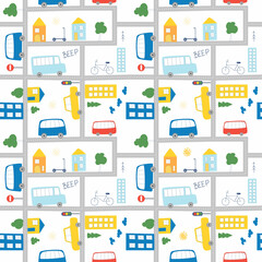 seamless pattern with Cartoon map of cityscape. Vector..