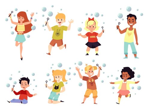 Happy funny kids playing with soap bubbles in summer. Set of vector flat cartoon character illustrations isolated on white background.