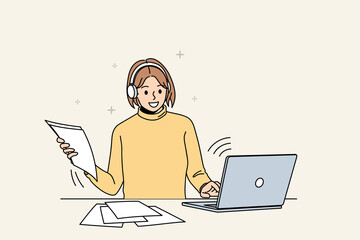 Smiling girl in earphones study online on computer with school paperwork material. Happy woman take web course on laptop, have webcam video class on gadget. Distant education. Vector illustration.  - obrazy, fototapety, plakaty