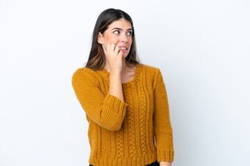 Young Italian woman isolated on white background is a little bit nervous